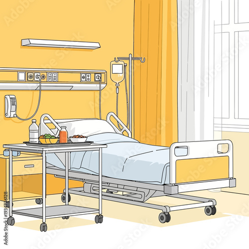 Hospital Room Depiction Featuring Bed, Medical Equipment, and Table with Patient Meal