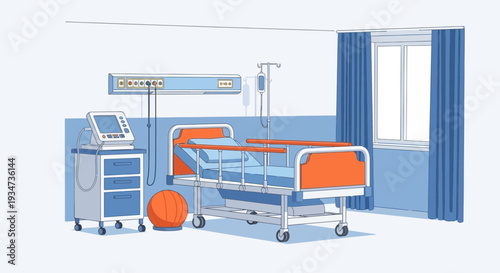 Hospital Room Depiction Featuring Medical Equipment and an Empty Patient Bed, Modern Healthcare.