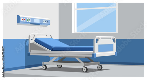 Hospital Room Depiction Featuring Bed, Medical Equipment, and Window Illustration