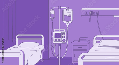 Hospital Room Depiction Featuring Medical Equipment and Beds, Illustration Style