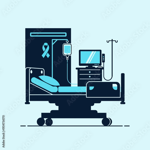 Hospital Room Depiction Featuring Medical Equipment and Cancer Awareness Symbolism