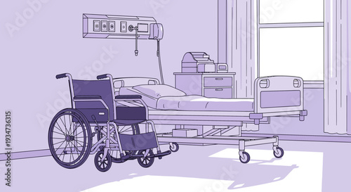 Hospital Room Depiction Featuring Bed, Wheelchair, and Medical Equipment Illustratively Rendered