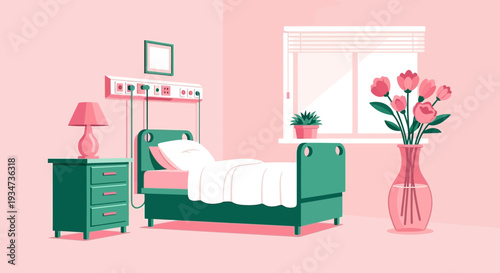 Hospital Room Depiction Featuring Bed, Vase, Flowers, And Nightstand, Medical Interior