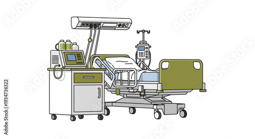 Hospital Room Depiction Featuring Medical Equipment and Modern Patient Care Arrangement