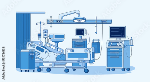 Hospital Room Depiction Featuring Medical Equipment and Modern Patient Care Environment