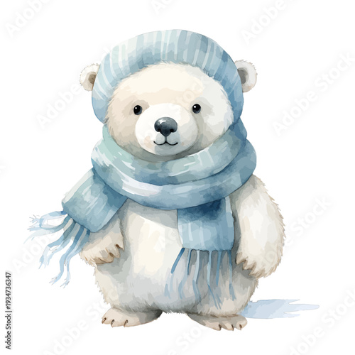 Watercolor polar bear cub wearing blue knit hat and winter scarf