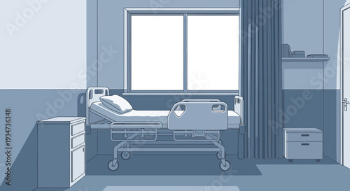 Hospital Room Depiction Featuring Bed, Window, And Minimalist Environment