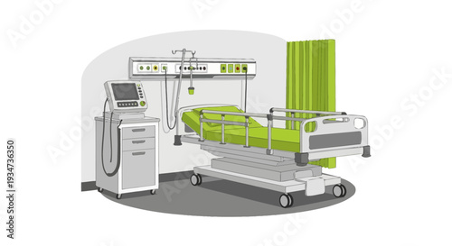Hospital Room Depiction Featuring Medical Equipment and Modern Patient Care Environment