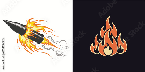 A dynamic vector illustration featuring a high-velocity rifle bullet trailing bright orange flames and white smoke, paired with a classic stylized campfire flame icon on a dark background.
