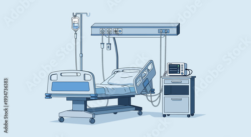 Hospital Room Depiction Featuring Medical Equipment and Modern Patient Care Visualization