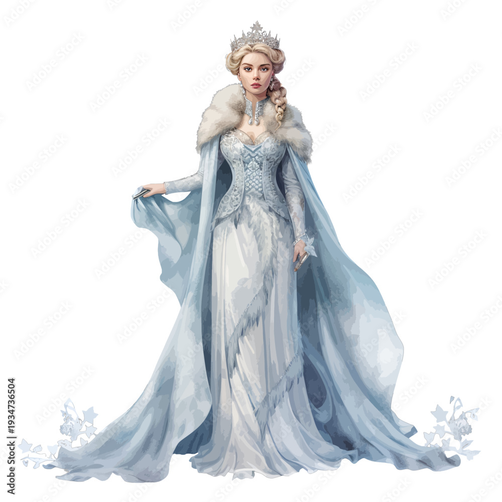 Obraz premium Watercolor Illustration of an Ice Queen in a Blue Gown and Fur Cape