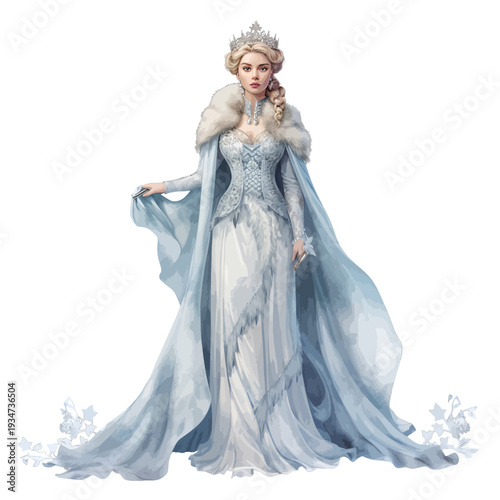 Watercolor Illustration of an Ice Queen in a Blue Gown and Fur Cape