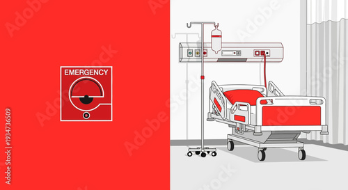 Hospital Room Depiction Featuring Emergency Button and Medical Equipment Illustration