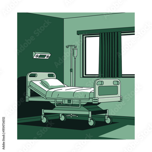 Hospital Room Depiction Featuring Modern Medical Equipment and Patient Bed with Subtle Lighting