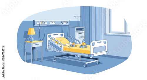 Hospital Room Depiction Featuring Hospital Bed with Toys and a Supportive Environment