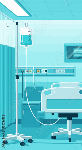 Hospital Room Depiction Featuring Intravenous Drip Stand, Empty Bed and Medical Equipment for