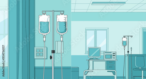 Hospital Room Depiction Featuring Intravenous Drips, Medical Supplies, and Interior Elements
