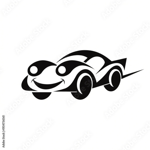 Stylized black and white illustration of a happy cartoon car with a smiling face and large eyes. Vector, illustration