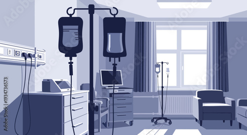Hospital Room Depiction Featuring Intravenous Equipment, Medical Treatment and Healthcare Setting