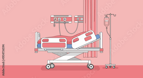Hospital Room Depiction Featuring Patient Bed Medical Equipment and Infusion Drip Apparatus