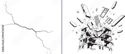 A technical line art vector showing a building undergoing a violent explosive collapse with debris flying outward, paired with a detailed graphic of a spreading structural surface crack.