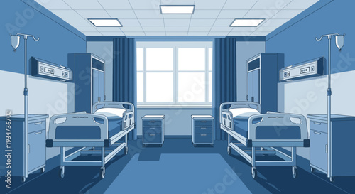 Hospital Room Depiction Featuring Two Patient Beds, Blue Tones, And Medical Equipment