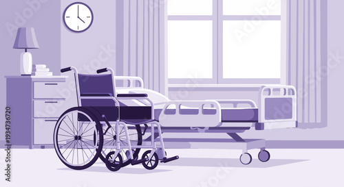 Hospital Room Depiction Featuring Wheelchair and Bed Under Soft Lighting