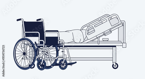 Hospital Room Depiction Featuring Wheelchair and Adjustable Patient Bed Design