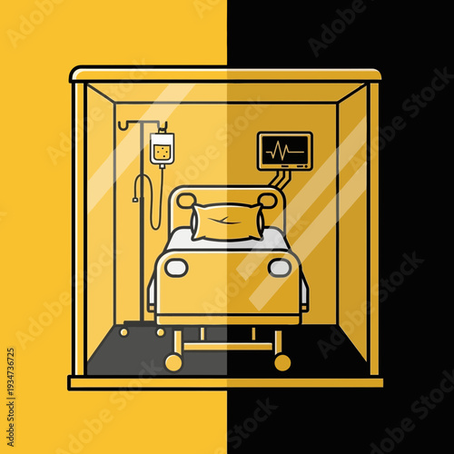 Hospital Room Depiction Featuring Medical Bed, Monitoring Devices, and IV Drip for Healthcare