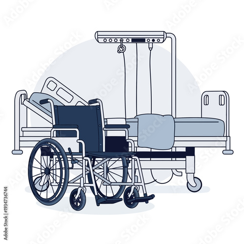 Hospital Room Depiction Featuring Wheelchair and Bed, Representing Medical Care and Recovery