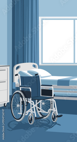 Hospital Room Depiction Featuring Wheelchair and Bedside Cabinet Under Blue Tones
