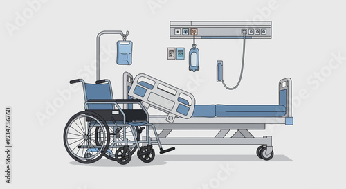Hospital Room Depiction Featuring Wheelchair And Medical Equipment Illustration