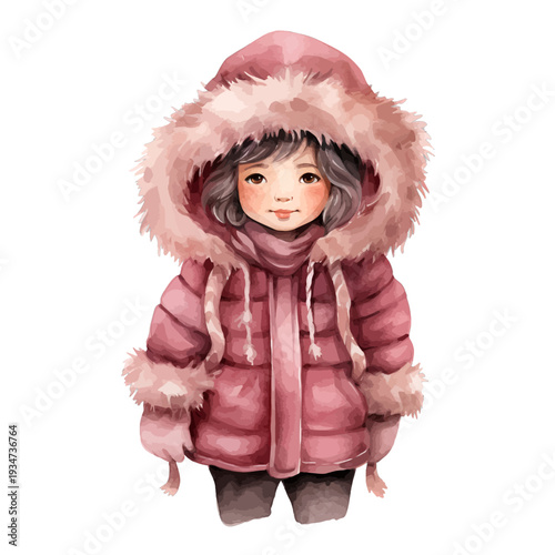 Watercolor little girl in pink puffer jacket with fur hood and mittens