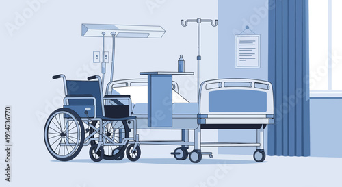 Hospital Room Depiction Featuring Wheelchair and Modern Medical Equipment Elements