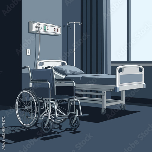 Hospital Room Depiction Featuring Wheelchair, Bed, and Medical Equipment in Dark Tone