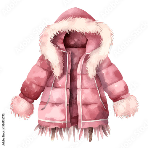 Watercolor Pink Puffer Jacket with White Fur Hood and Cuffs