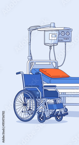 Hospital Room Depiction Featuring Wheelchair, Bed, Medical Equipment and Healthcare Supplies