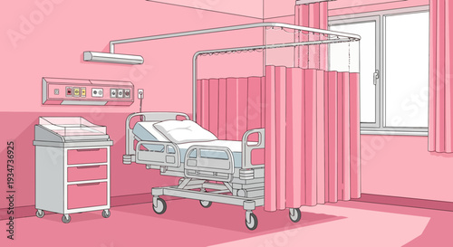 Hospital Room Depiction Illustrating Medical Care With Pink Tones and Modern Interior