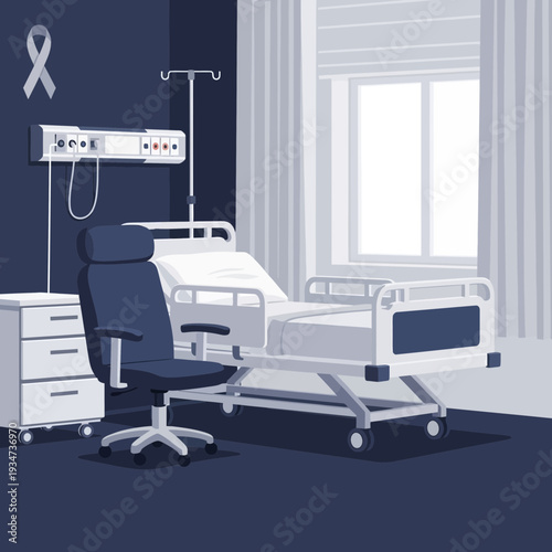Hospital Room Depiction Illustrating Medical Care, Recovery, And Support With Awareness Ribbon