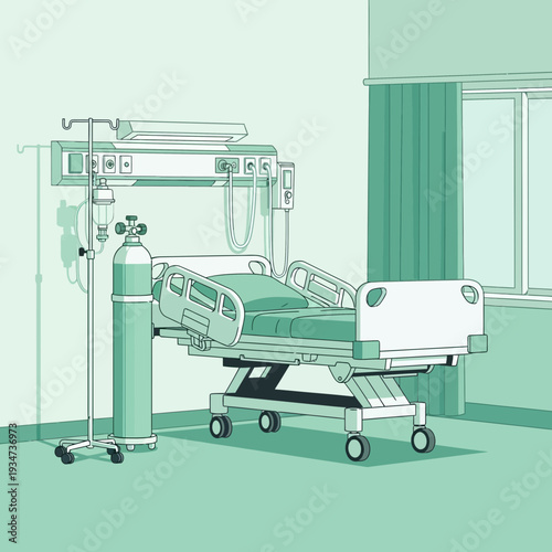 Hospital Room Depiction Illustrating Medical Equipment And A Patient Bed In A Modern Facility