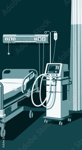 Hospital Room Depiction Illustrating Medical Equipment and a Patient Bed in a Sterile Environment