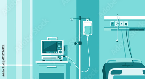 Hospital Room Depiction Illustrating Medical Equipment And Intravenous Drip System