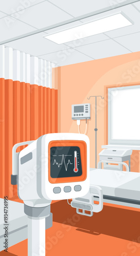 Hospital Room Depiction Illustrating Medical Equipment and Patient Bed with Clinical Environment
