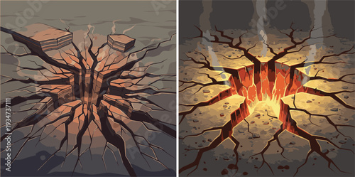 A dramatic vector illustration of a massive, glowing impact crater in a parched wasteland, with steam or smoke rising from deep, fiery orange cracks in the earth's surface.