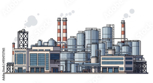 Industrial complex with multiple buildings, chimneys, and storage tanks, representing manufacturing and production.