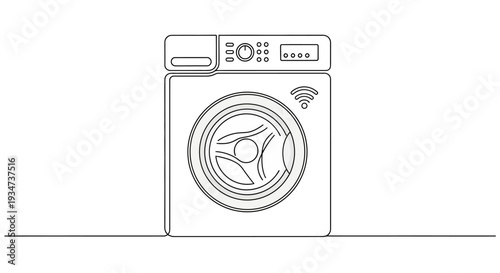 Continuous line drawing of a modern smart washing machine with wifi icon.