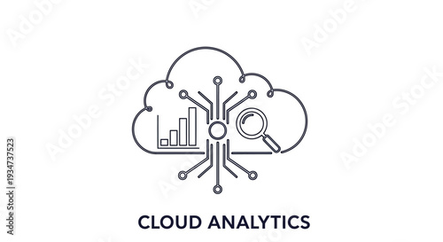 Minimalist cloud data analytics line icon with data charts and magnifying glass