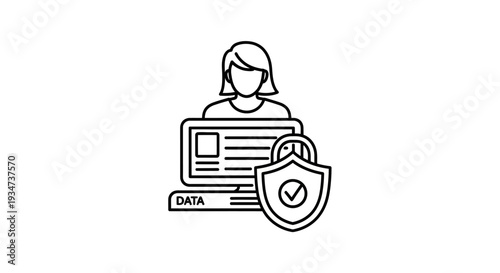 Woman with computer and shield icon for data protection and cyber security concept.