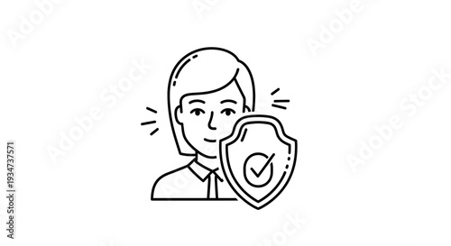 Minimalist line art illustration of a woman with a security shield and checkmark