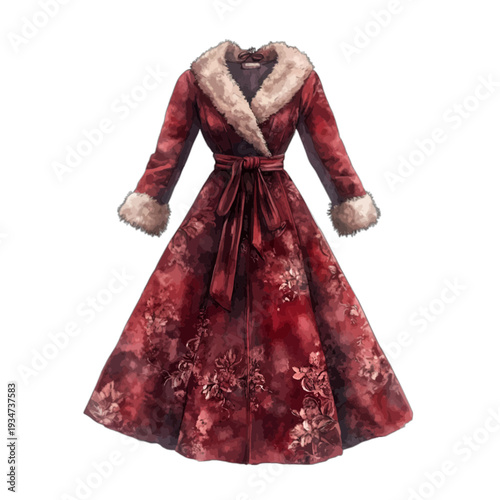 Watercolor Red Floral Winter Coat with Fur Trim and Belted Waist